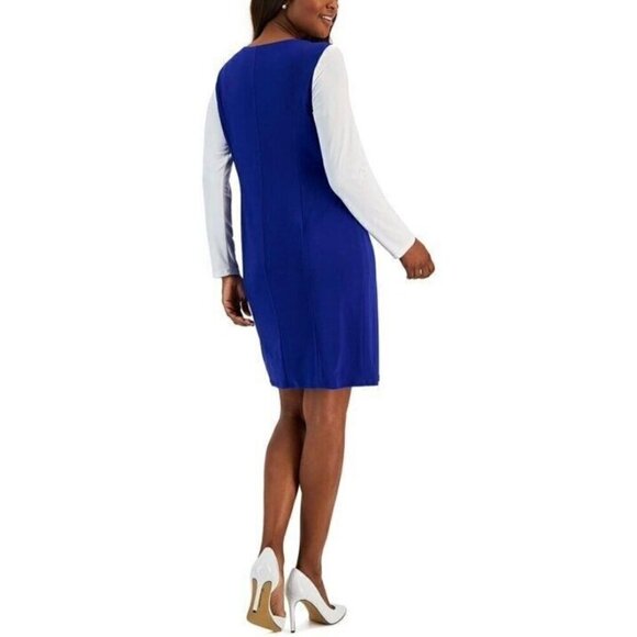 KASPER Women's Long Sleeved Bodycon Sheath Dress Blue & White NWT - Picture 2 of 4